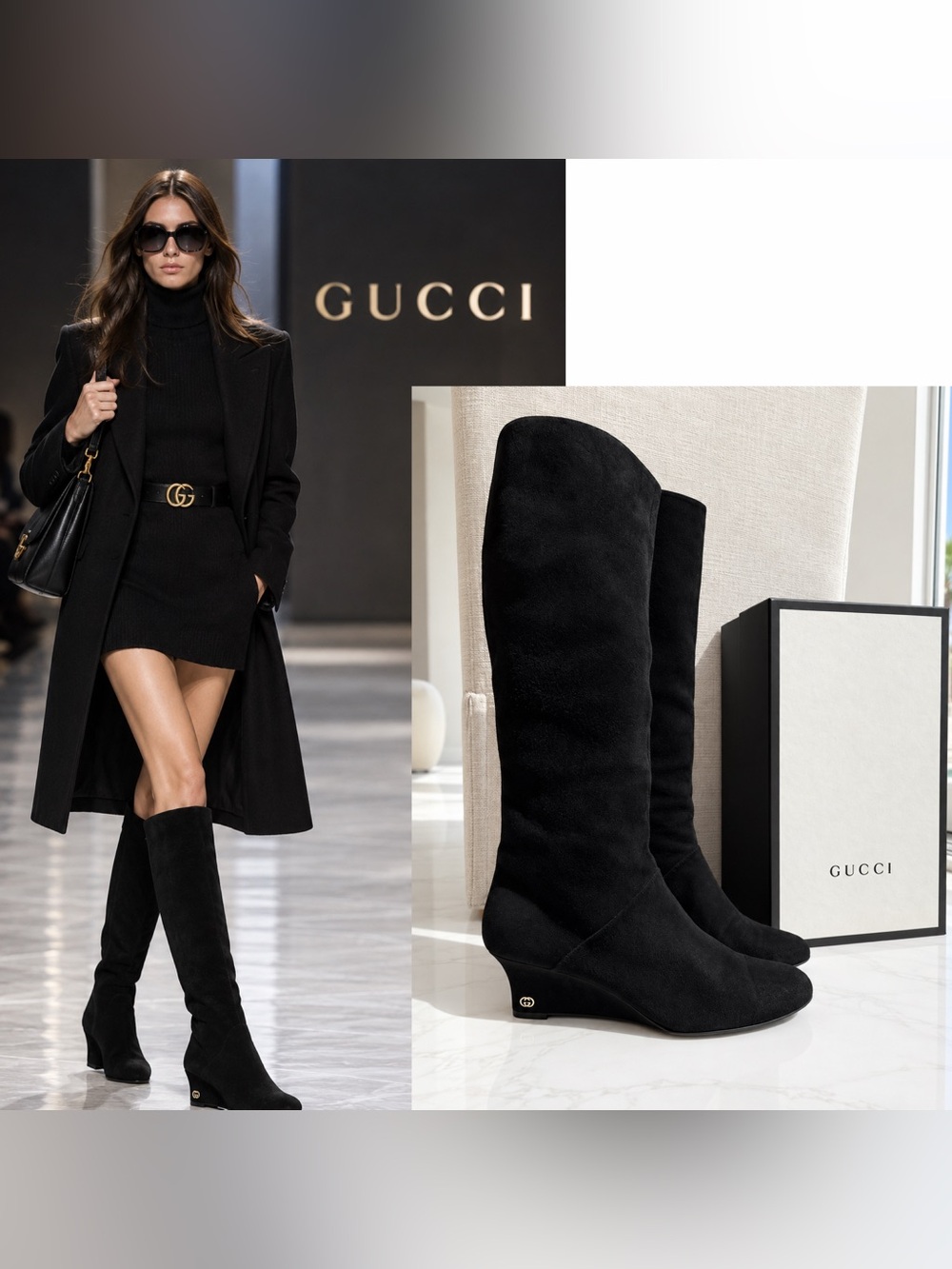 Gucci Black Suede Interlocking GG Knee-High Wedge Boots size 8.5